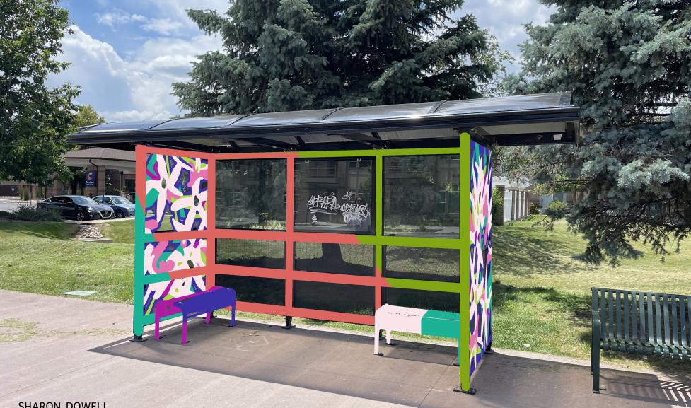 Rendering of colorful paint on a bus stop in North Boulder
